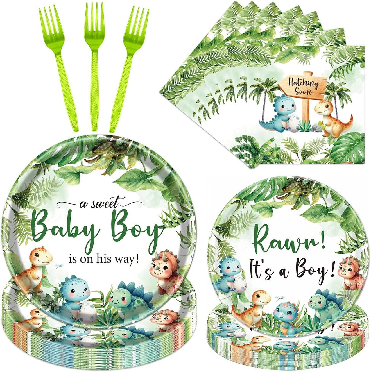 Serves 24,Dinosaur Baby Shower Decorations for Boys, 96PCS (Green)